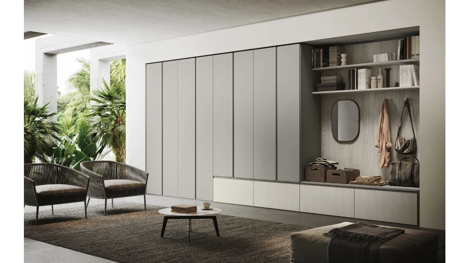 Armadio Continuo 3|0 RQN004 Delta finitura grigio seta, rovere gessato e spatolato bianco di Imab